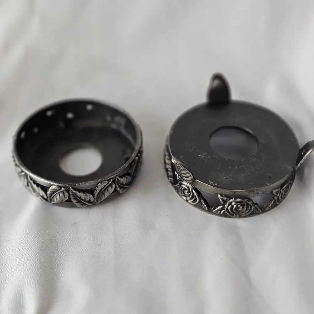 Vintage PEWTER PILLAR CANDLE HOLDER Roses Footed Silver 2 Piece Lid And Bottom